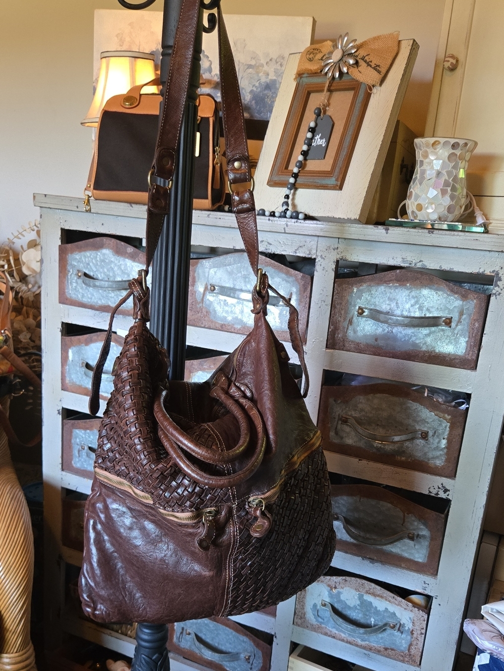 Lg Langellotti Woven Leather Shoulder Bag - Brown Made in Italty